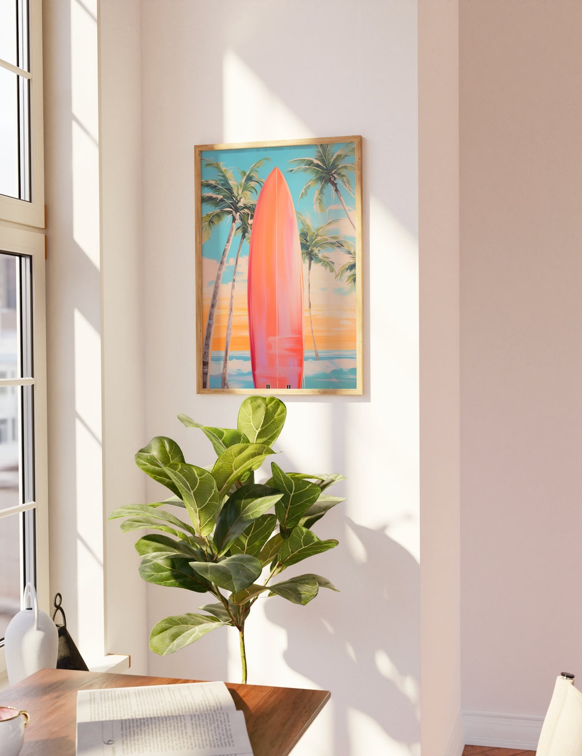 Coral Surfboard Palm Trees Sunset Minimalist Coastal Surf Art Poster - Image 3