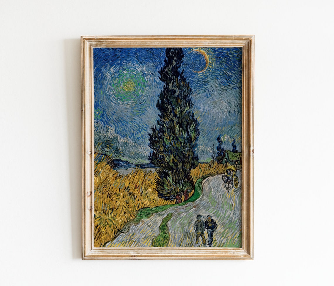 Vincent van Gogh Country Road By Night Cypress Trees Starry Sky Poster - Image 3
