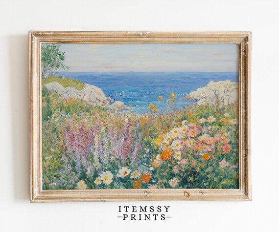 Wildflower Meadow by Rocky Coast Impressionist Summer Landscape Print