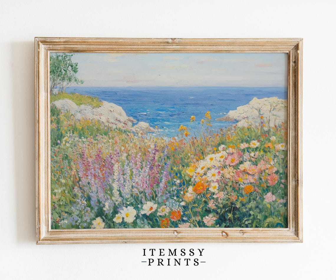 Wildflower Meadow by Rocky Coast Impressionist Summer Landscape Print