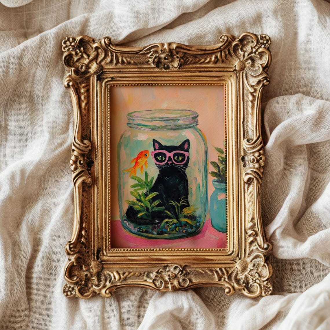 Matisse Inspired Black Cat With Goldfish in a Jar Whimsical Art Poster - Image 2