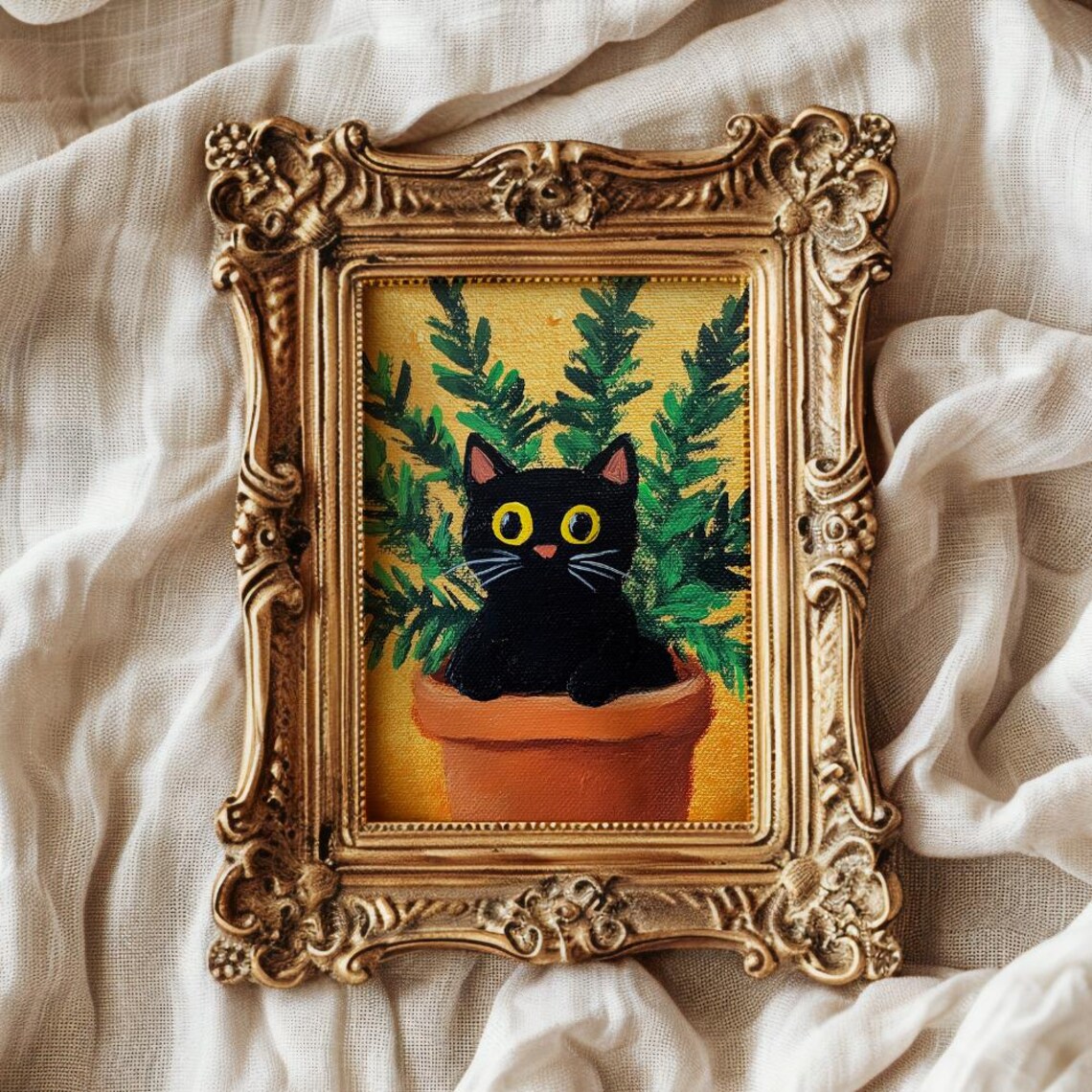 Black Kitten in Terracotta Flower Pot Naive Folk Art Cute Cat Painting Poster - Image 4
