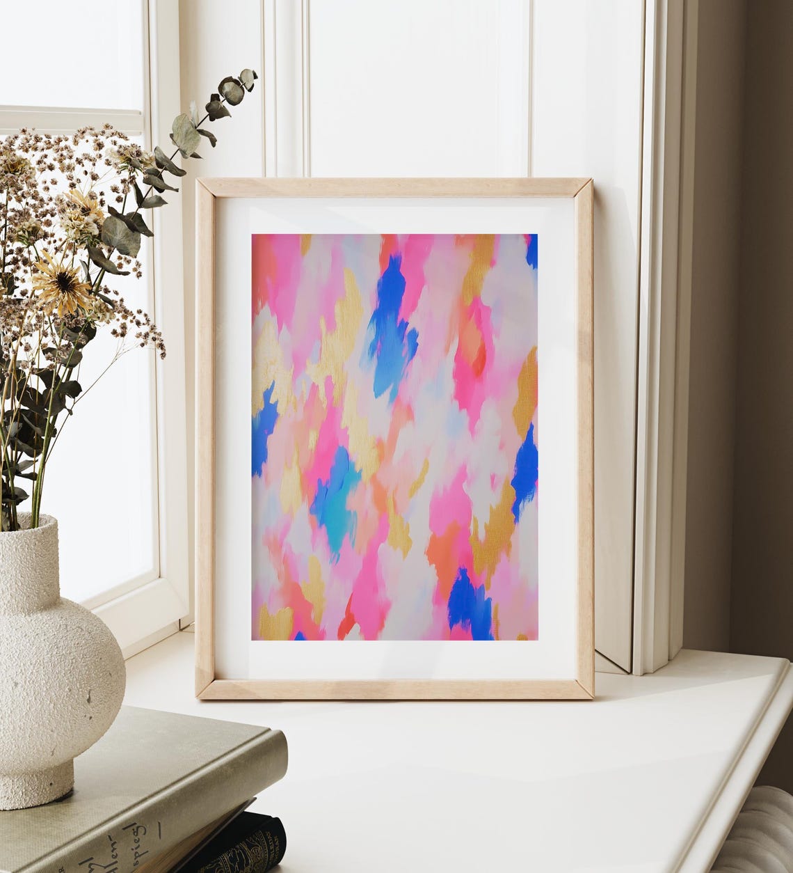 Pink Gold Blue Abstract Brushstroke Modern Colorful Wall Art - Image 2