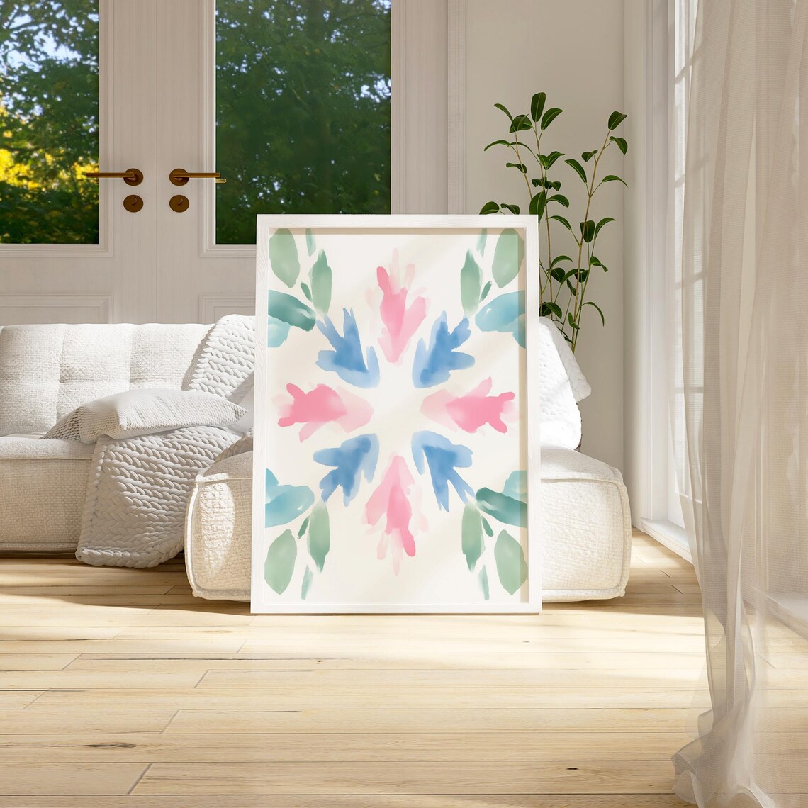 Pastel Pink Blue Green Abstract Floral Watercolor Burst Poster - Image 2