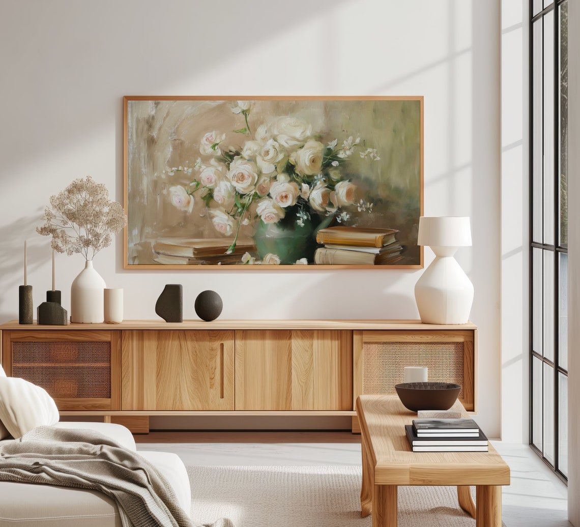 Stack Of Old Books With White Roses Vase Literary Floral Art Poster - Image 3