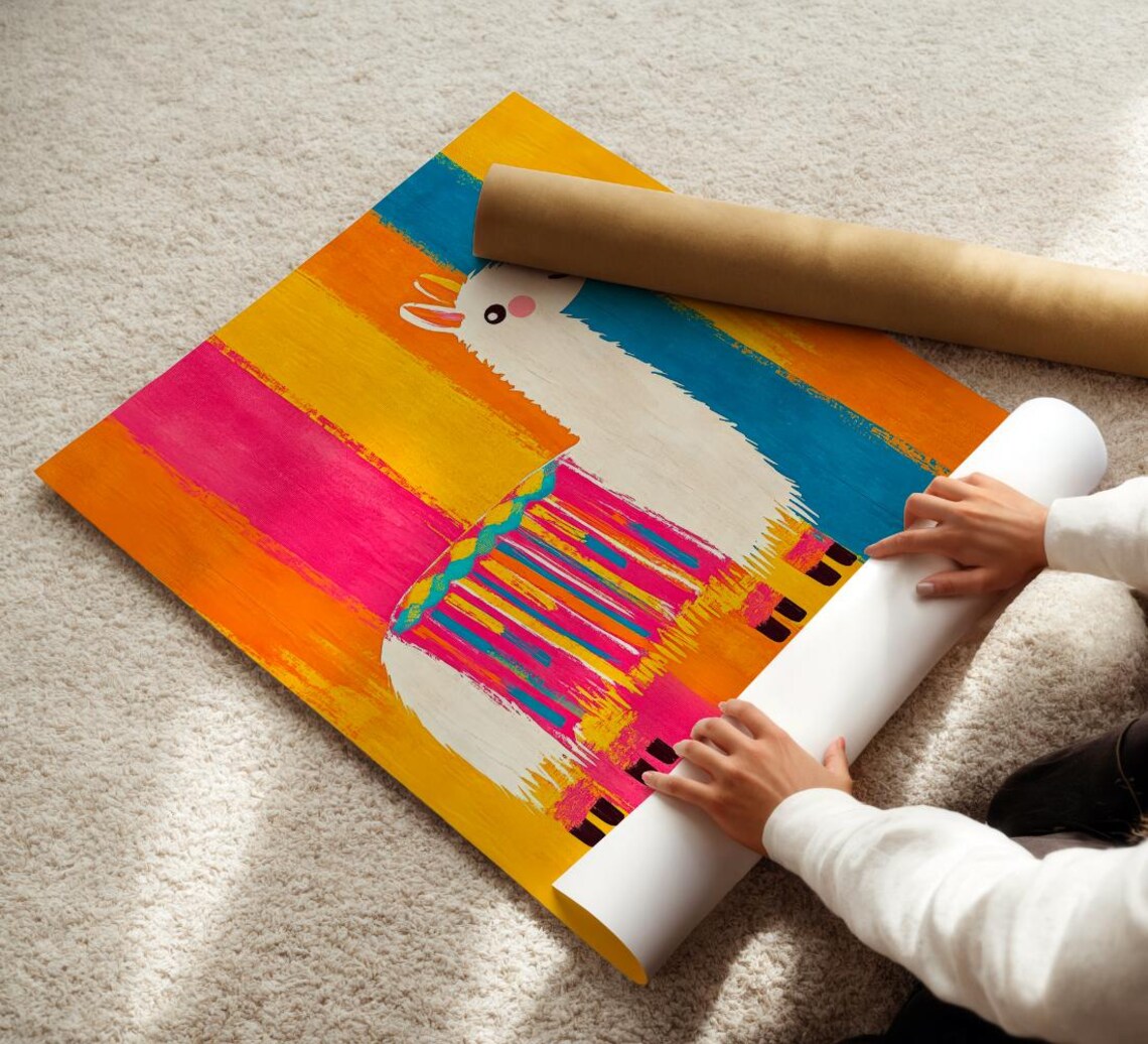 Colorful Happy Llama Rainbow Striped Blanket Kids Nursery Poster - Image 2