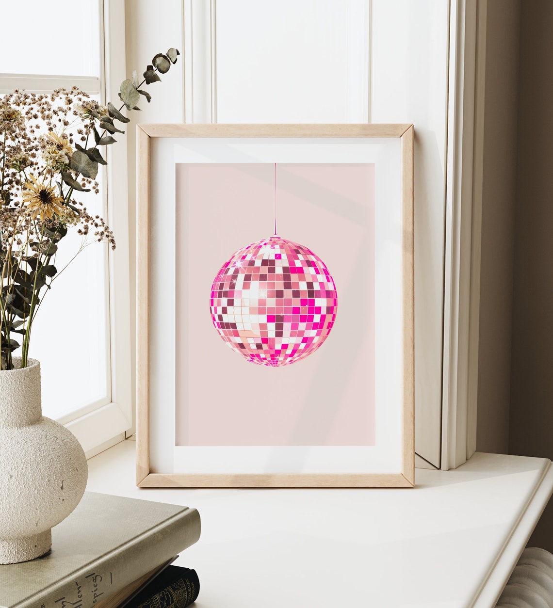 Pink Disco Ball Retro Party Minimalist Sparkly Blush Glam Wall Art - Image 3