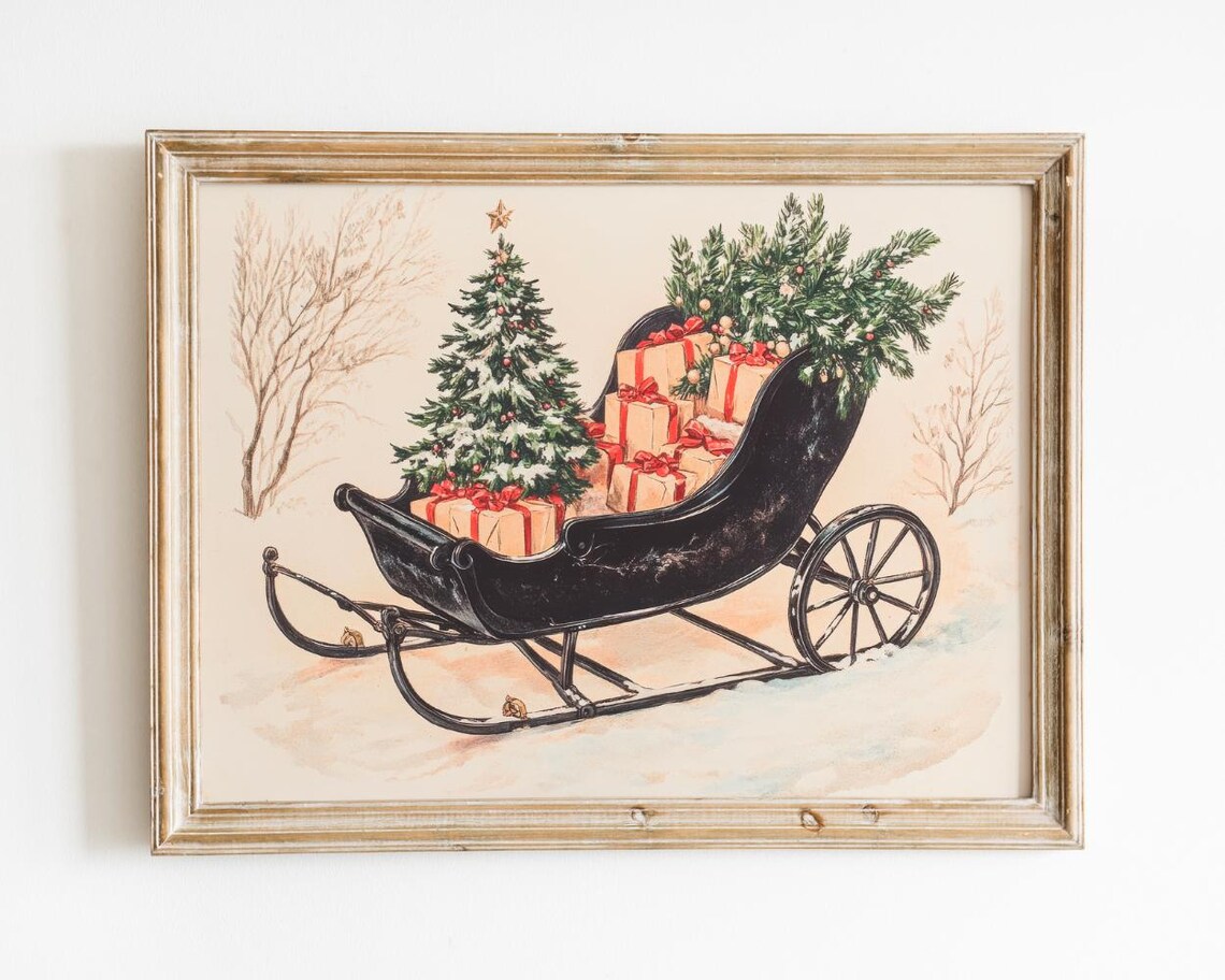 Vintage Black Sleigh With Gifts And Pine Boughs In Snow Poster