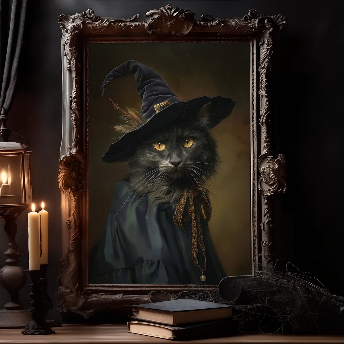 Black Cat Witch Hat Victorian Portrait Halloween Cat Lover Poster - Image 2