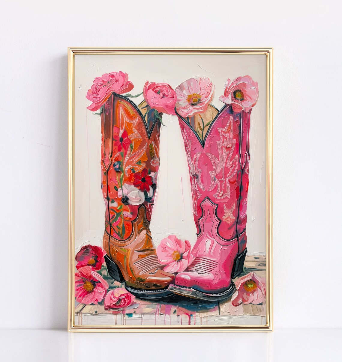 Pink Cowboy Boots Floral Painting Western Pink and Orange Boot Poster