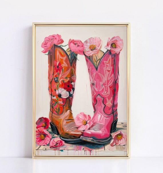Vintage Pink And Brown Cowgirl Boots Painting Western Nursery Art Country Dorm Room Print Boho Girly Poster Nursery Decor