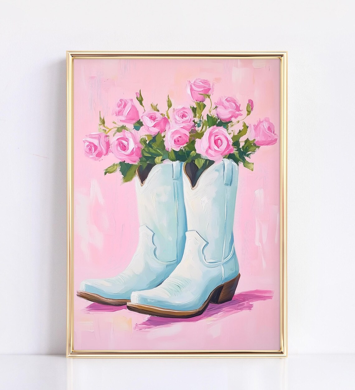Cowboy Boots Filled With Pink Roses Western Floral Oil Painting Poster - Image 2
