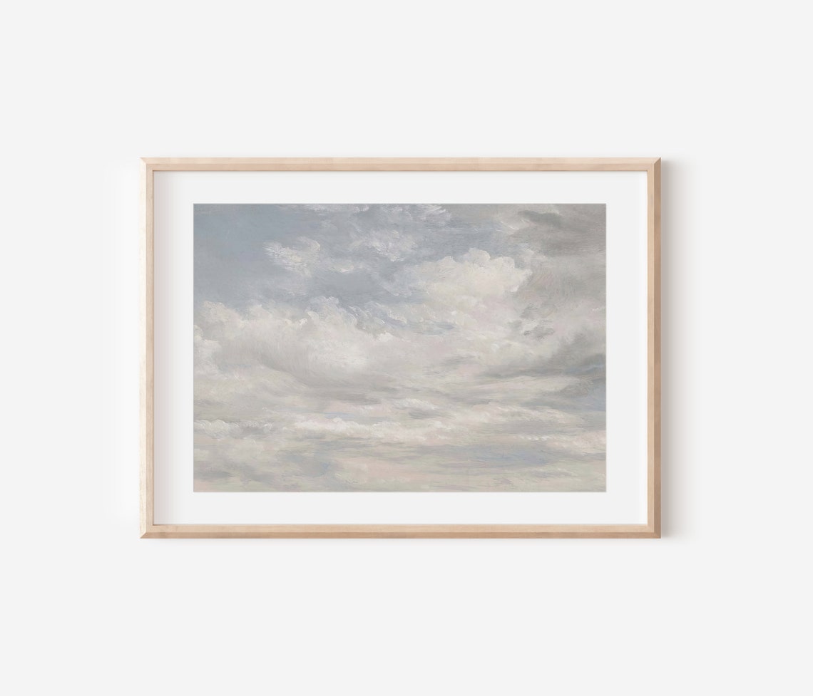 Soft Gray Clouds Sky Painting Minimalist Vintage Cloud Wall Art - Image 3