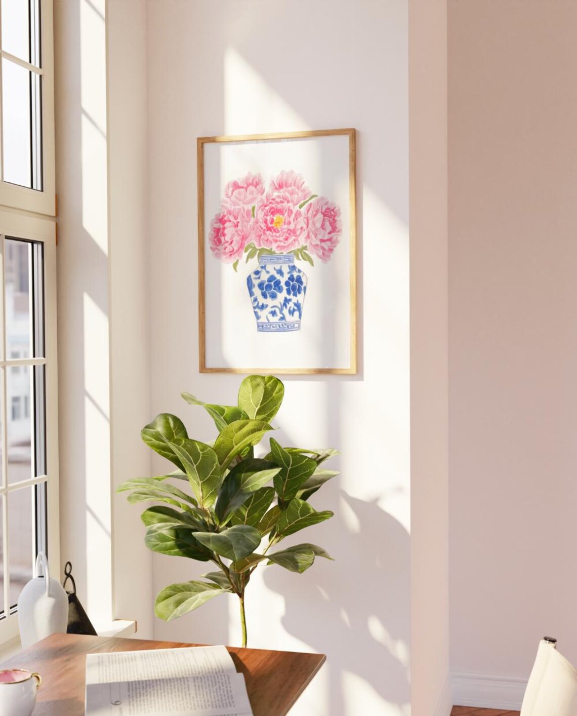 Pink Peonies Watercolor Painting Blue White Floral Vase Poster - Image 3
