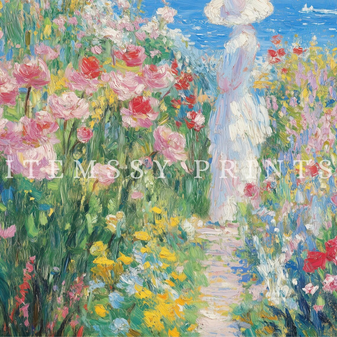 Woman in Wildflower Garden by the Sea Impressionist Wall Art - Image 2