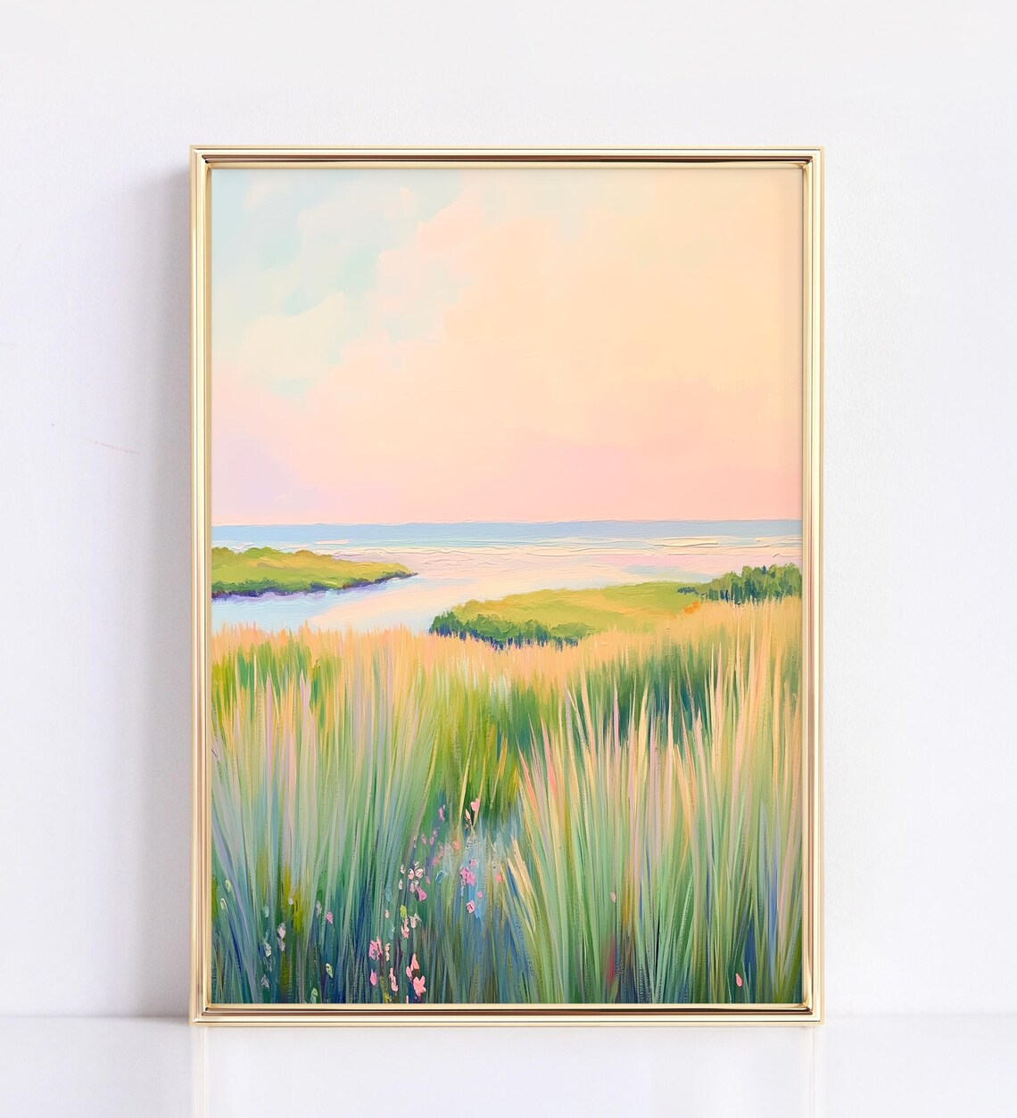 Pastel Marsh Sunset Pink Sky Coastal Wetland Watercolor Poster