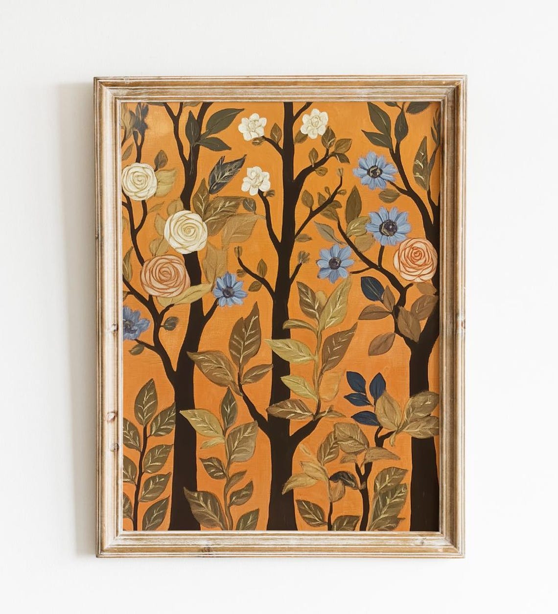Vintage Folk Art Blossom Trees Burnt Orange Botanical Wall Poster