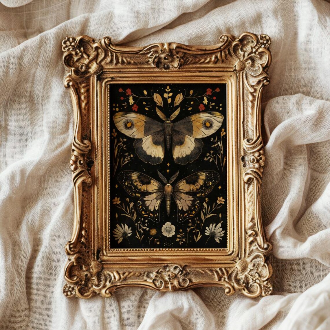 Vintage Moth Botanical Painting Black Gold Floral Cottagecore Poster - Image 2