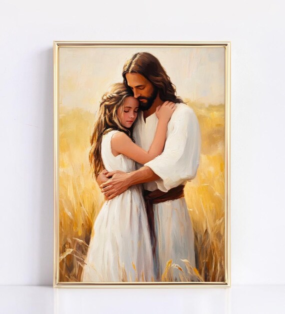 Jesus Warmly Embracing Young Girl In Golden Wheat Field Poster
