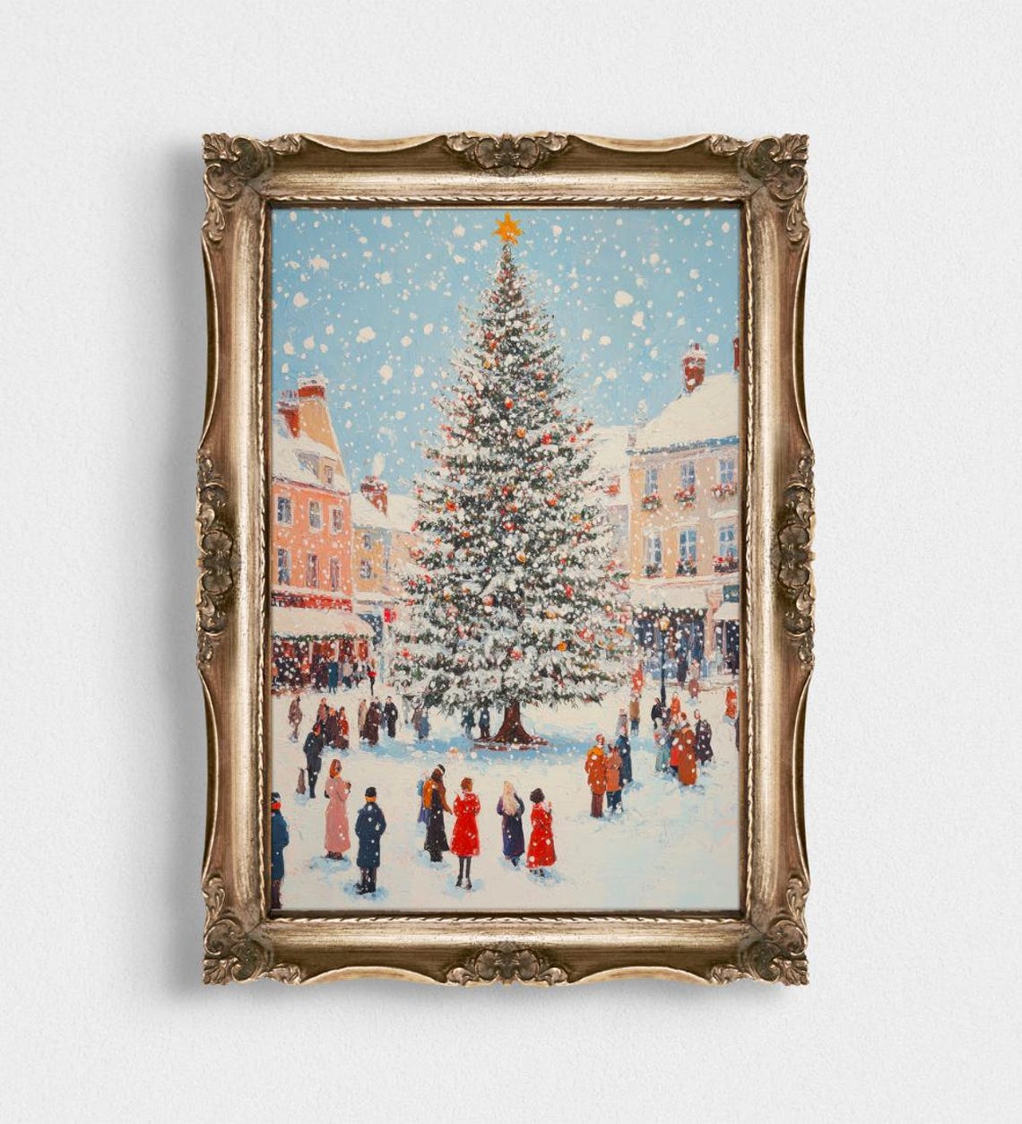 Snowy Town Square With Grand Christmas Tree Gathering Poster - Image 3