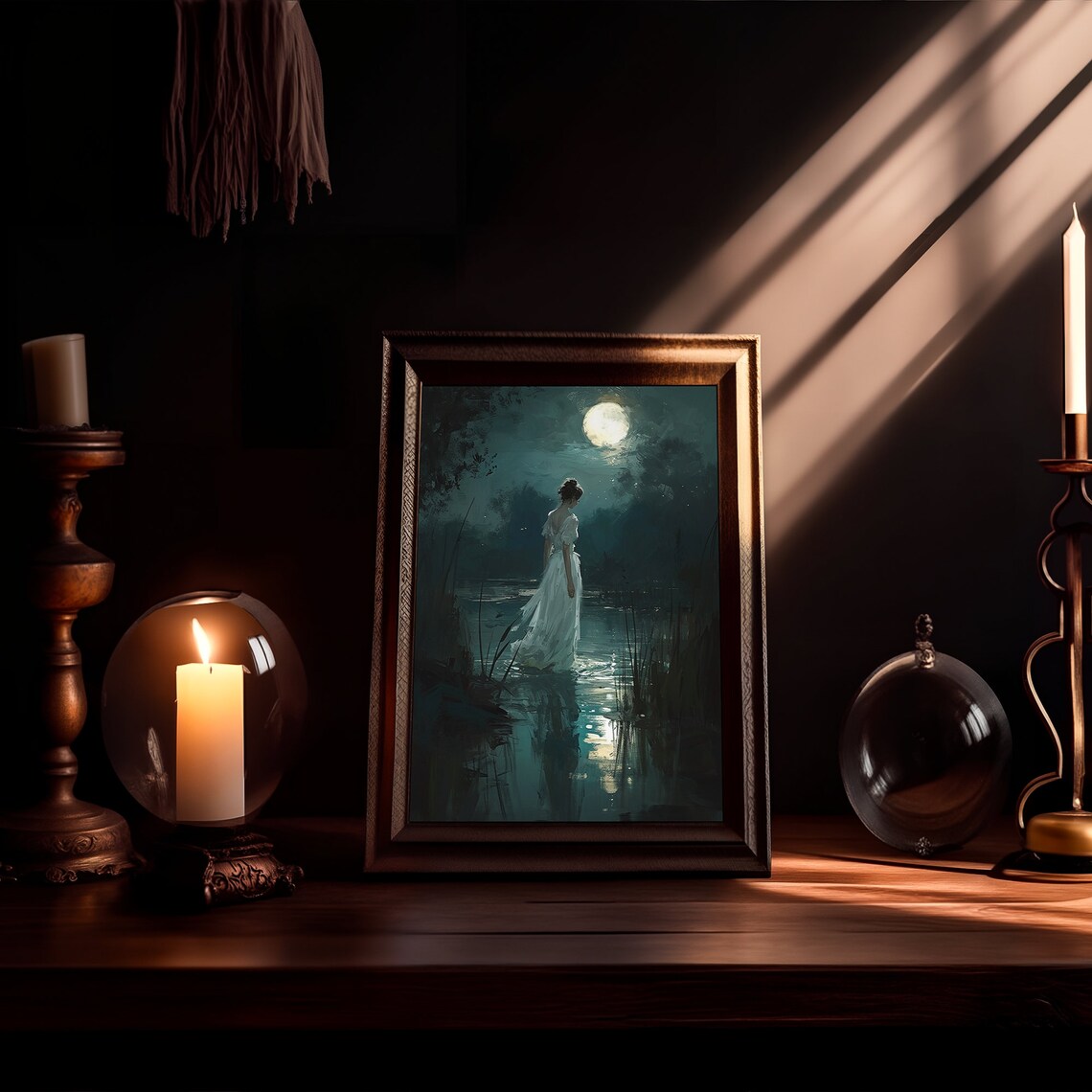 Woman Wading in Moonlit Lake White Dress Dark Academia Poster - Image 2