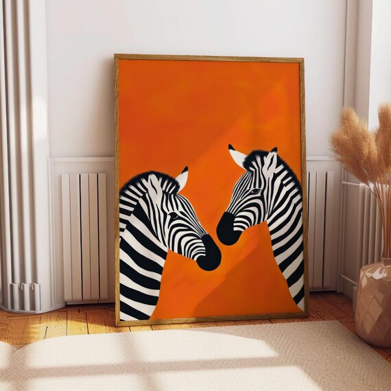 Two Zebras Nose to Nose on a Vivid Burnt Orange Modern Art Poster