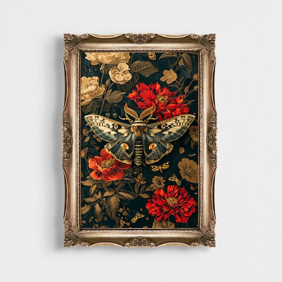 Atlas Moth With Red Flowers Vintage Botanical Entomology Poster
