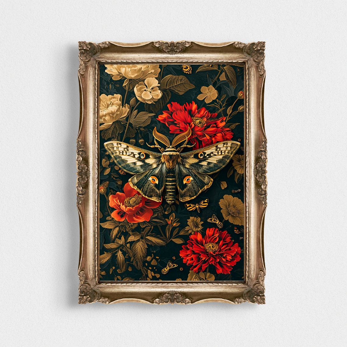 Atlas Moth With Red Flowers Vintage Botanical Entomology Poster