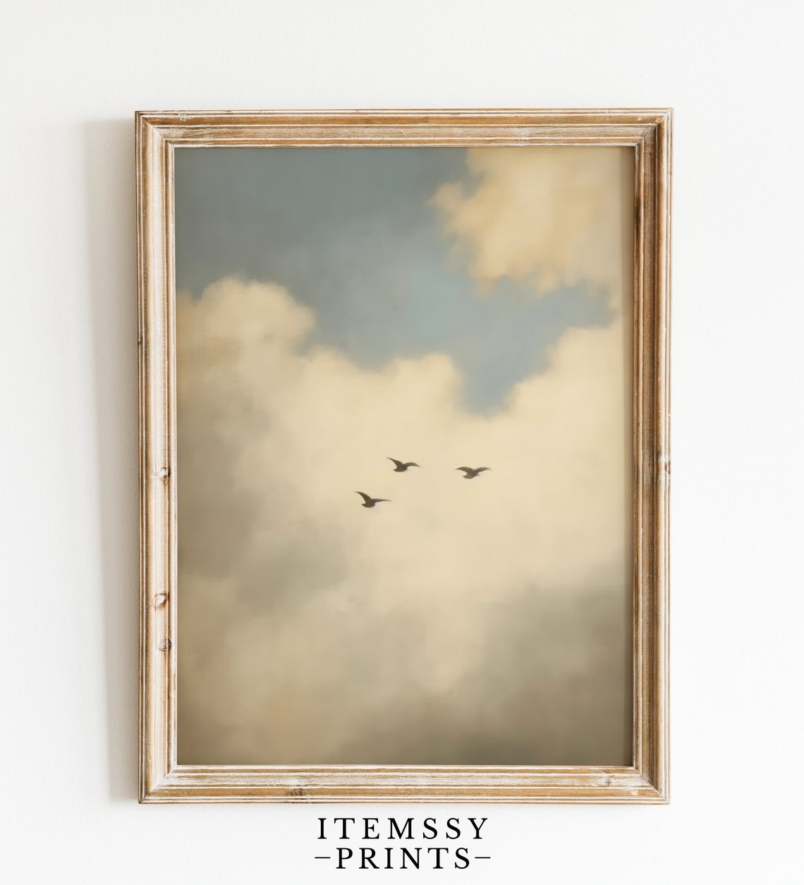 Three Birds Flying Through Cloudy Sky Minimalist Calm Art Poster