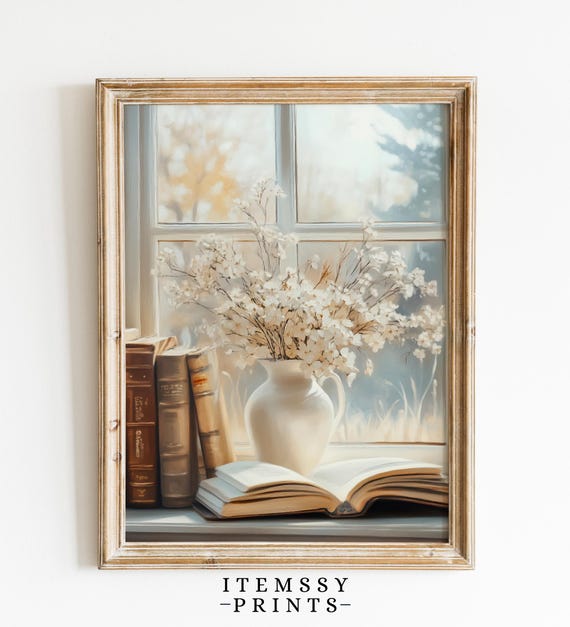 Vintage Interior Still Life Wall Art Flowers By Window Painting Antique Floral Print Moody Vase Flower Artwork Farmhouse Decor