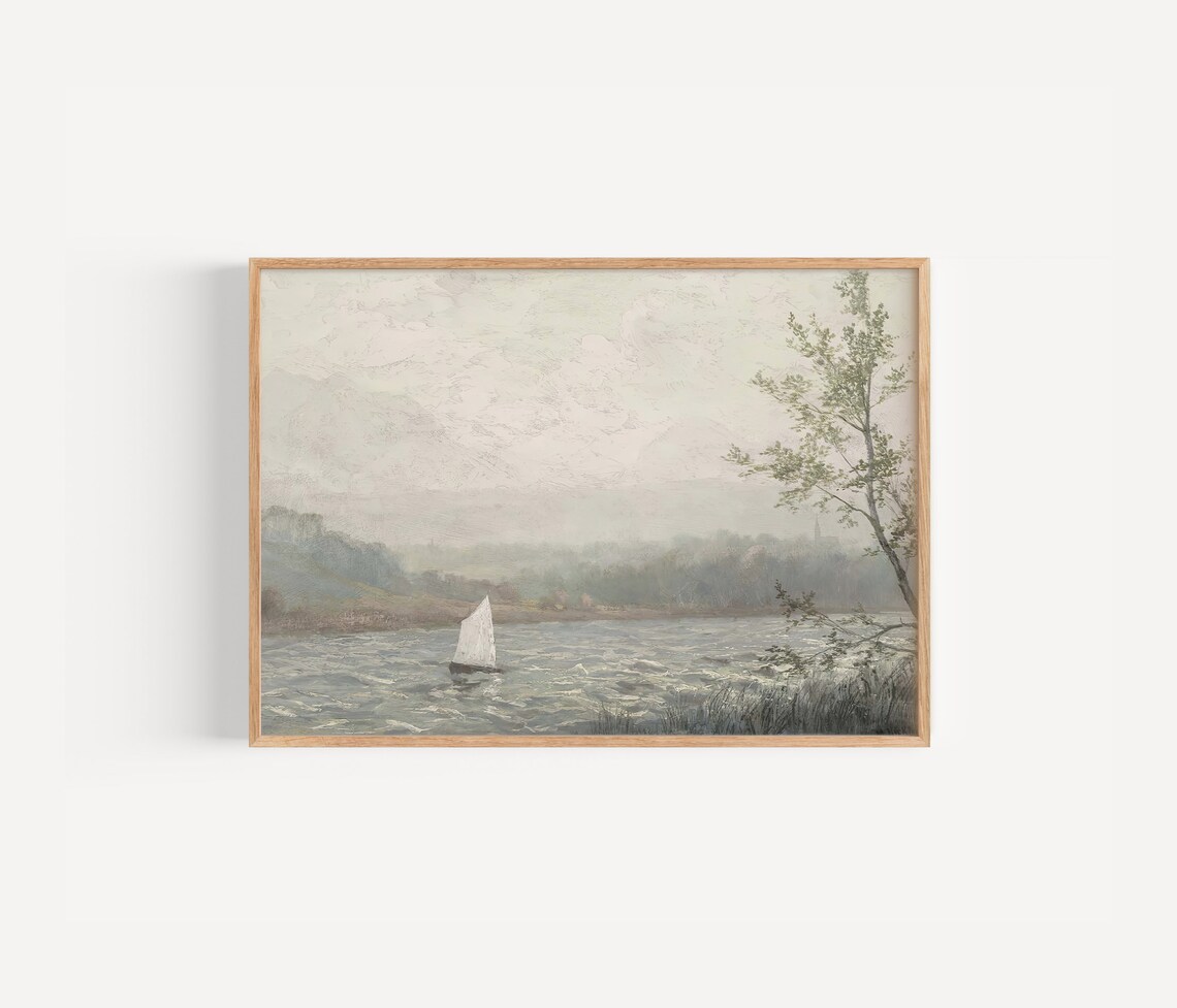 Lake Sailboat Painting Misty Shore Single White Sail Nautical Wall Poster - Image 3