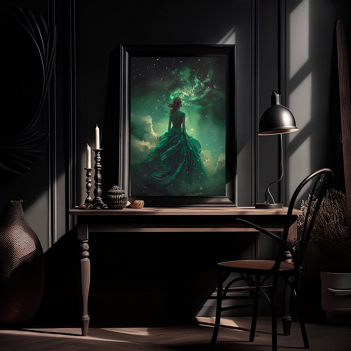 Woman in Emerald Gown Facing the Green Galaxy Night Sky Print - Image 3