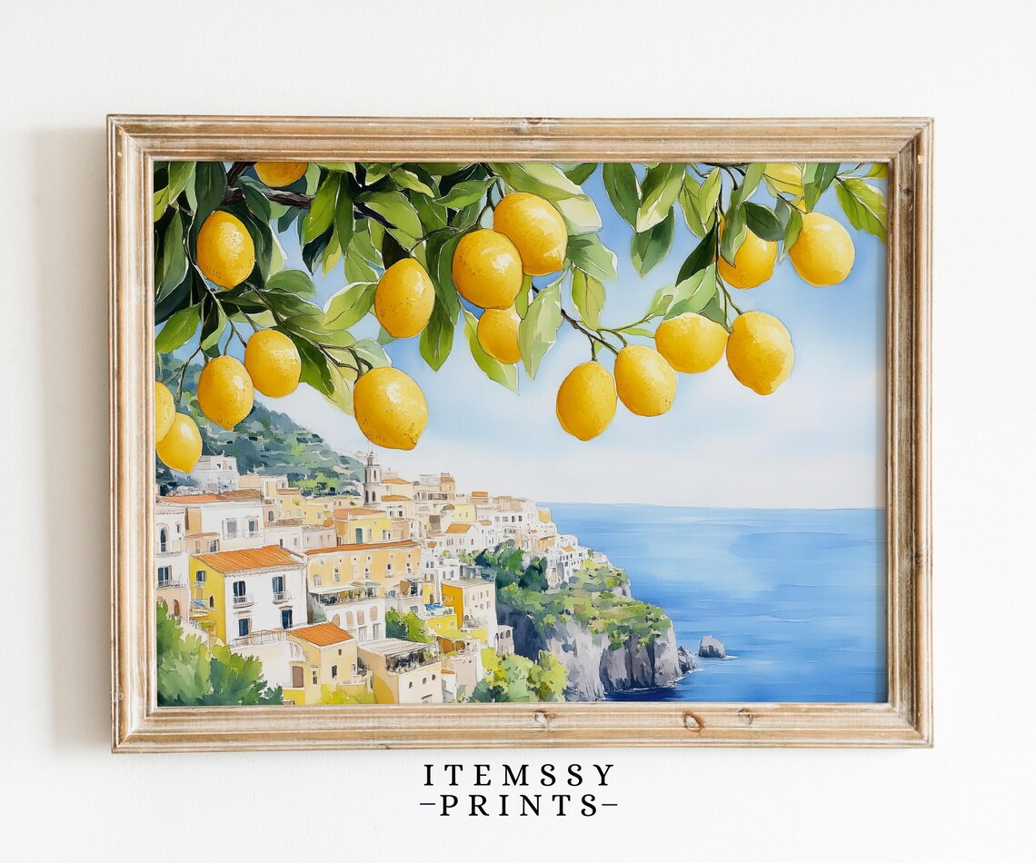 Amalfi Coast Town with Lemon Tree Watercolor Italian Travel Wall Art