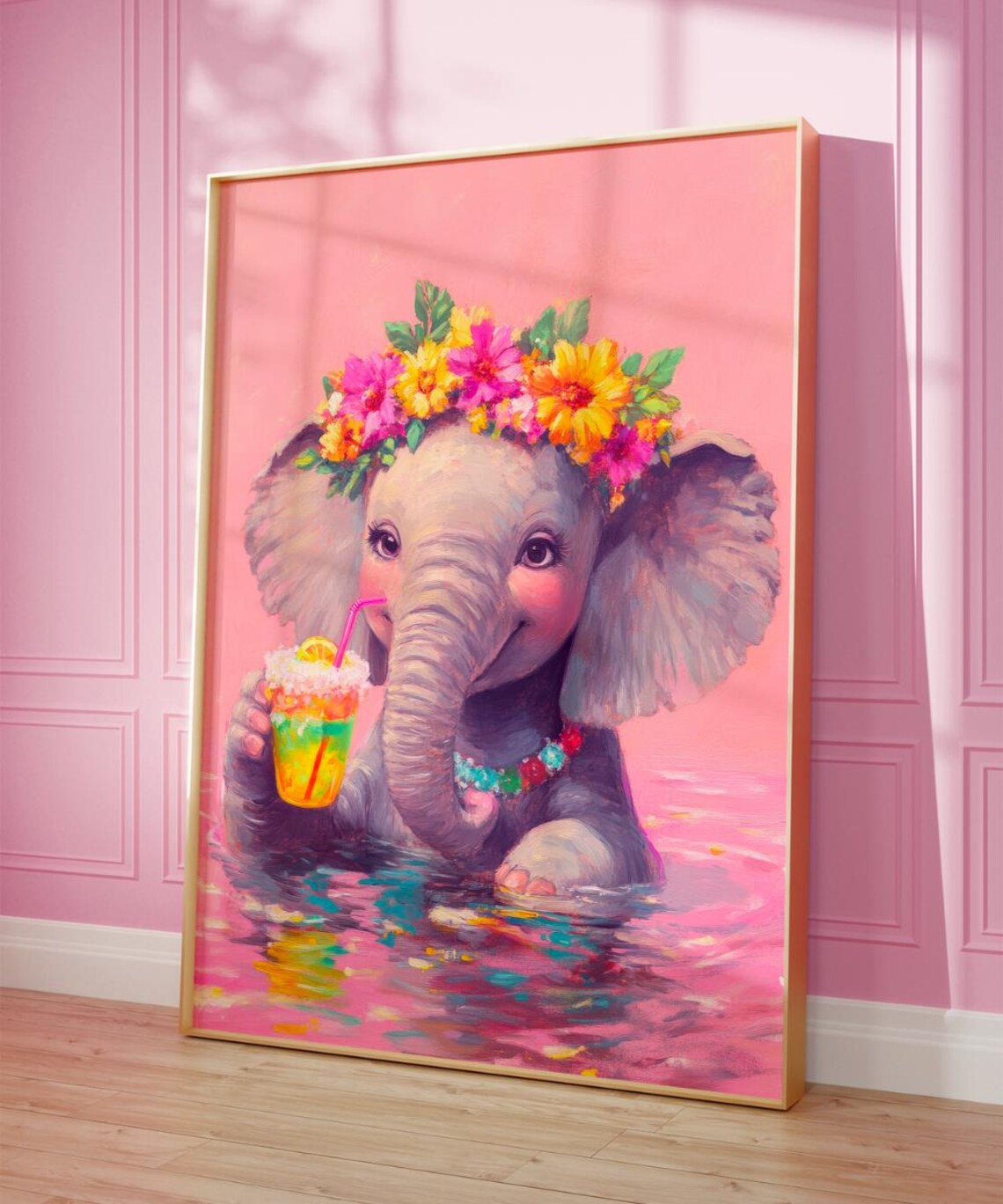 Cute Pink Elephant Hawaii Maximalist Animal Print