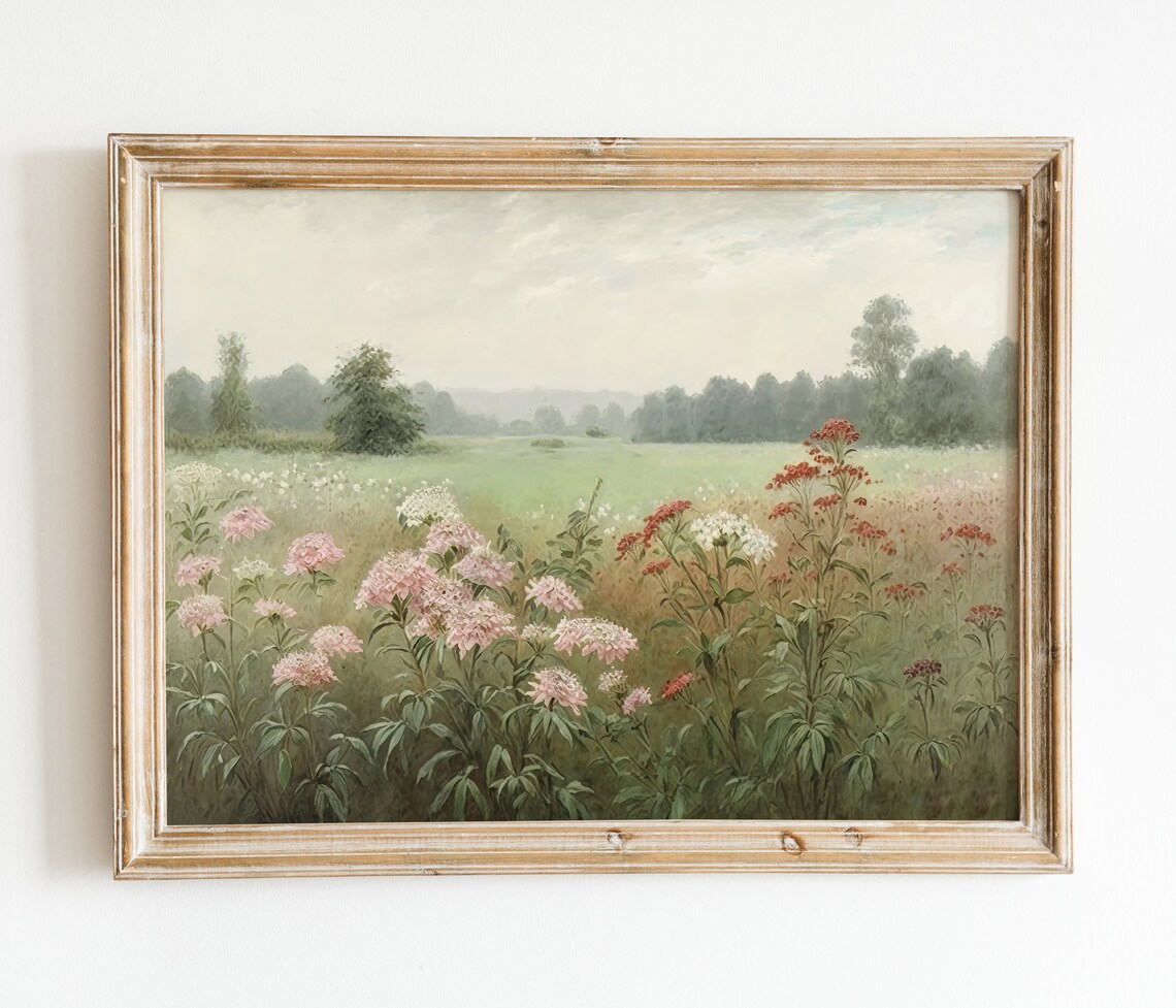 Pink Wildflower Meadow Painting Red White Blooms Green Field Poster