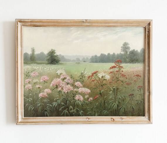 Pink Wildflower Meadow Painting Red White Blooms Green Field Poster