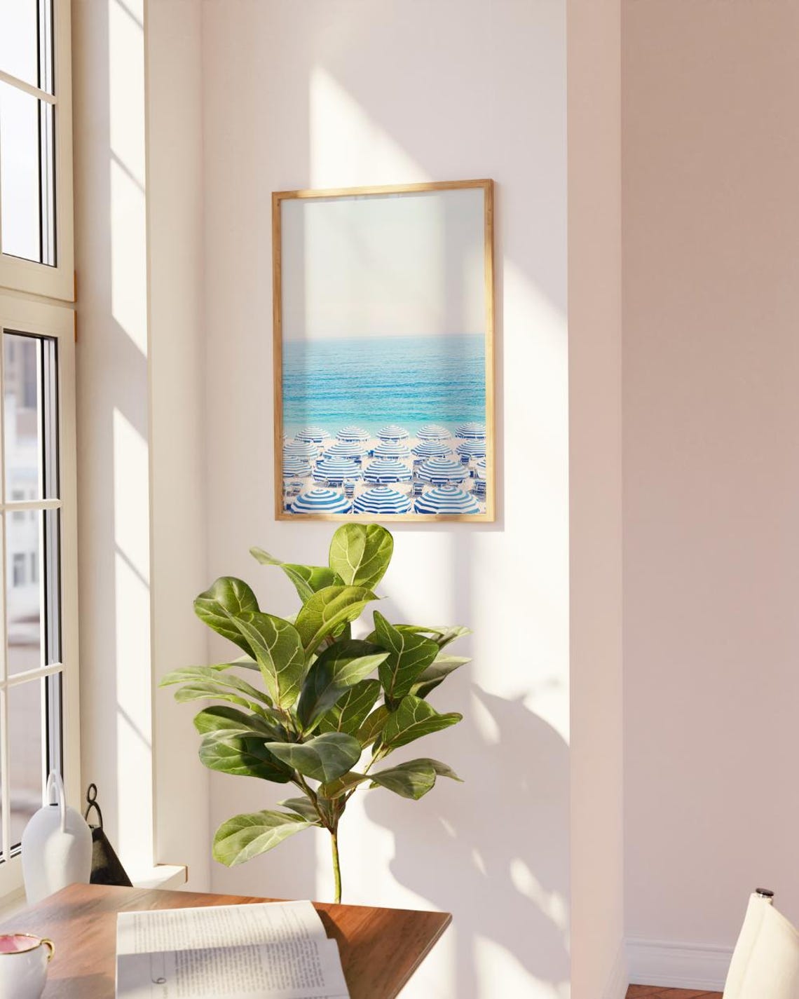 Blue White Striped Beach Umbrellas Calm Ocean Coastal Art Poster - Image 2