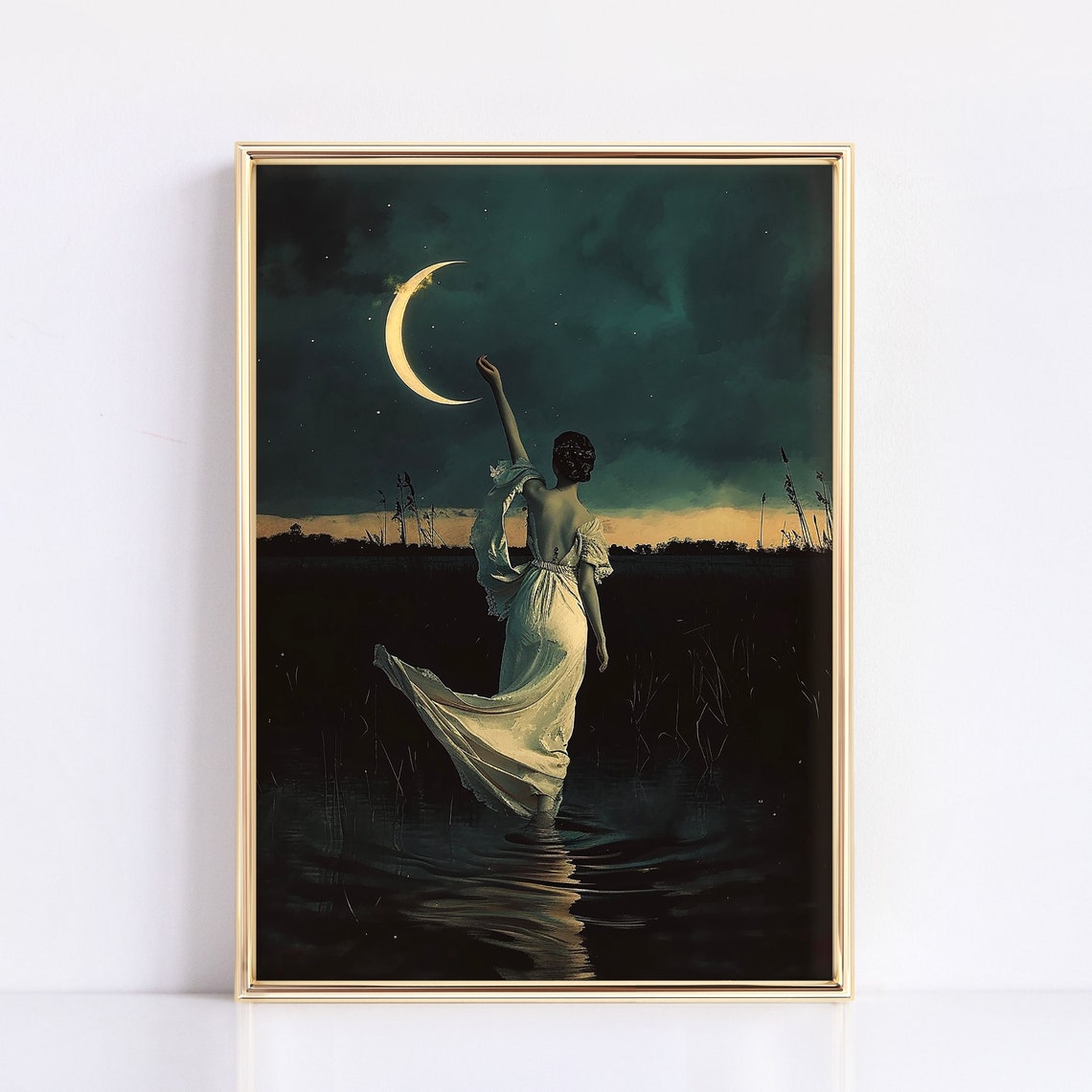 Moonlit Woman Reaching for the Crescent Moon Dark Academia Print - Image 3