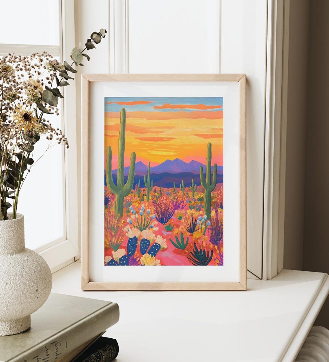Desert Sunset Saguaro Cactus Wildflower Bloom Western Art Poster - Image 4