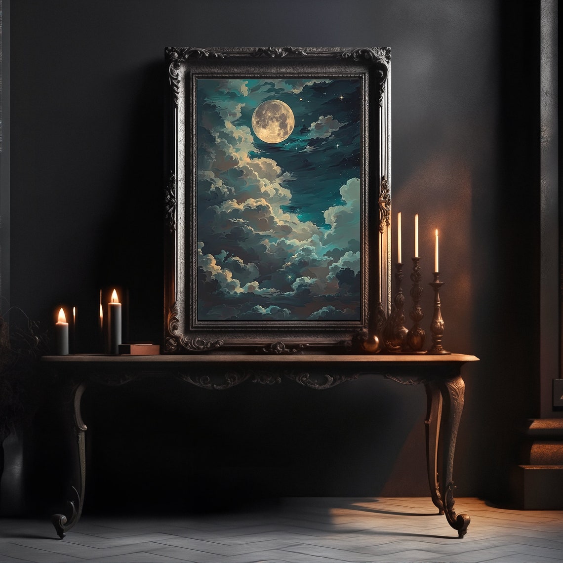 Full Moon Rising Over Billowing Clouds Teal Night Sky Poster - Image 3