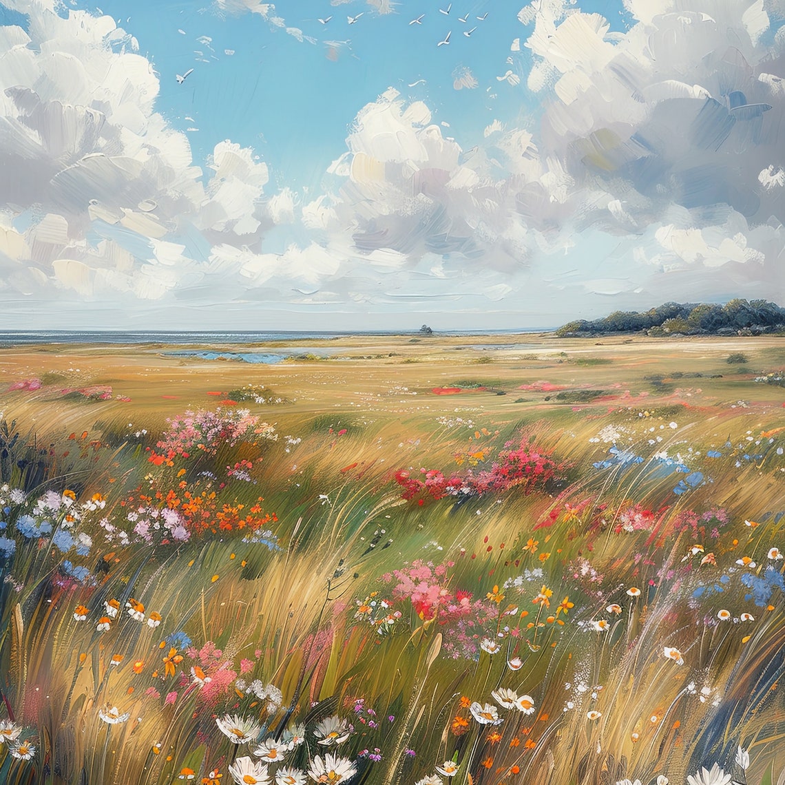 Spring Wildflower Meadow Daisies Blue Sky Vintage Landscape Poster - Image 2