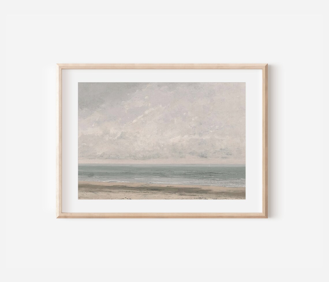 Vintage Seascape Painting Muted Ocean Beach Soft Gray Sky Coastal Poster - Image 3