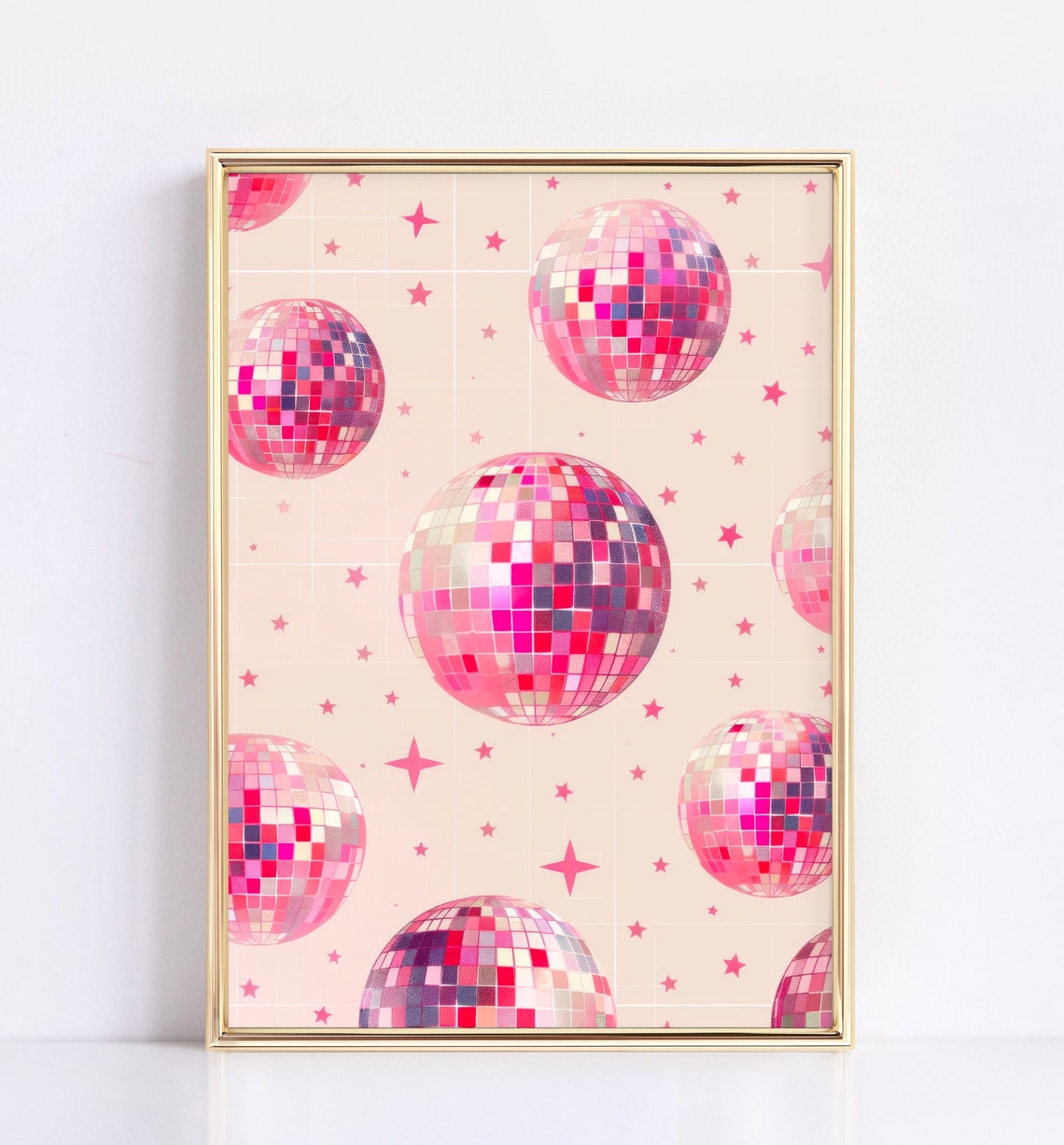 Preppy Funky Pink Disco Balls with Stars Retro Party Decor Poster