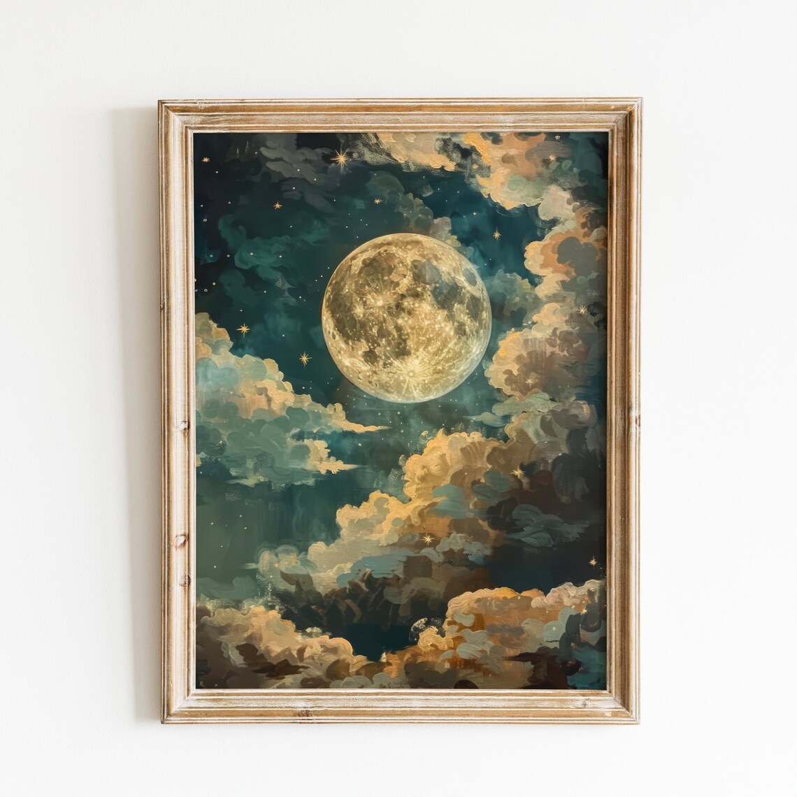 Golden Full Moon Night Sky Cloudy Stars Moody Celestial Art Poster - Image 2