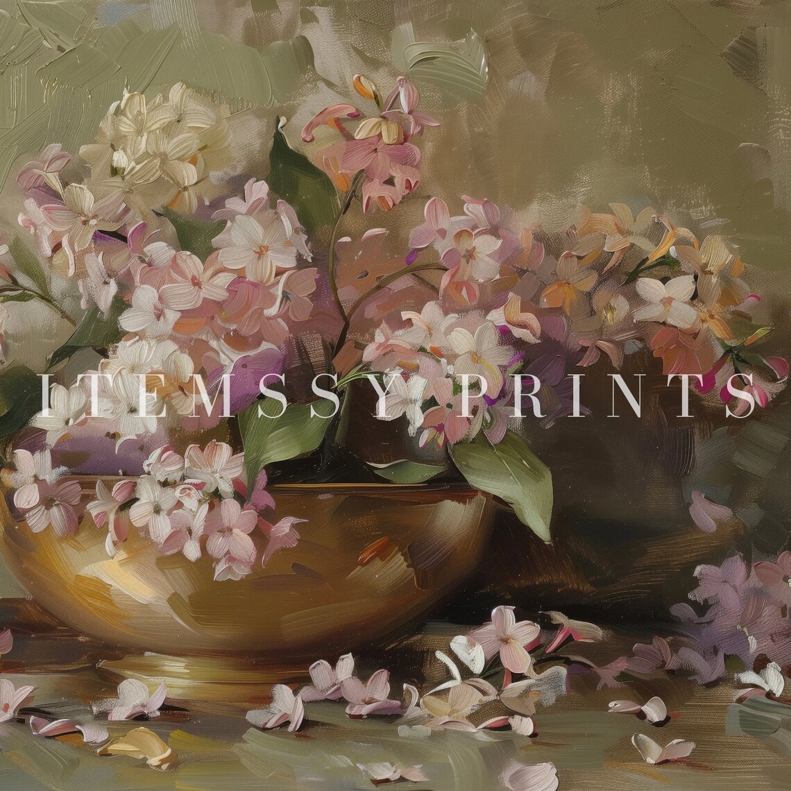 Lilac Blossoms In Brass Bowl Sage Green Vintage Floral Art Poster - Image 2
