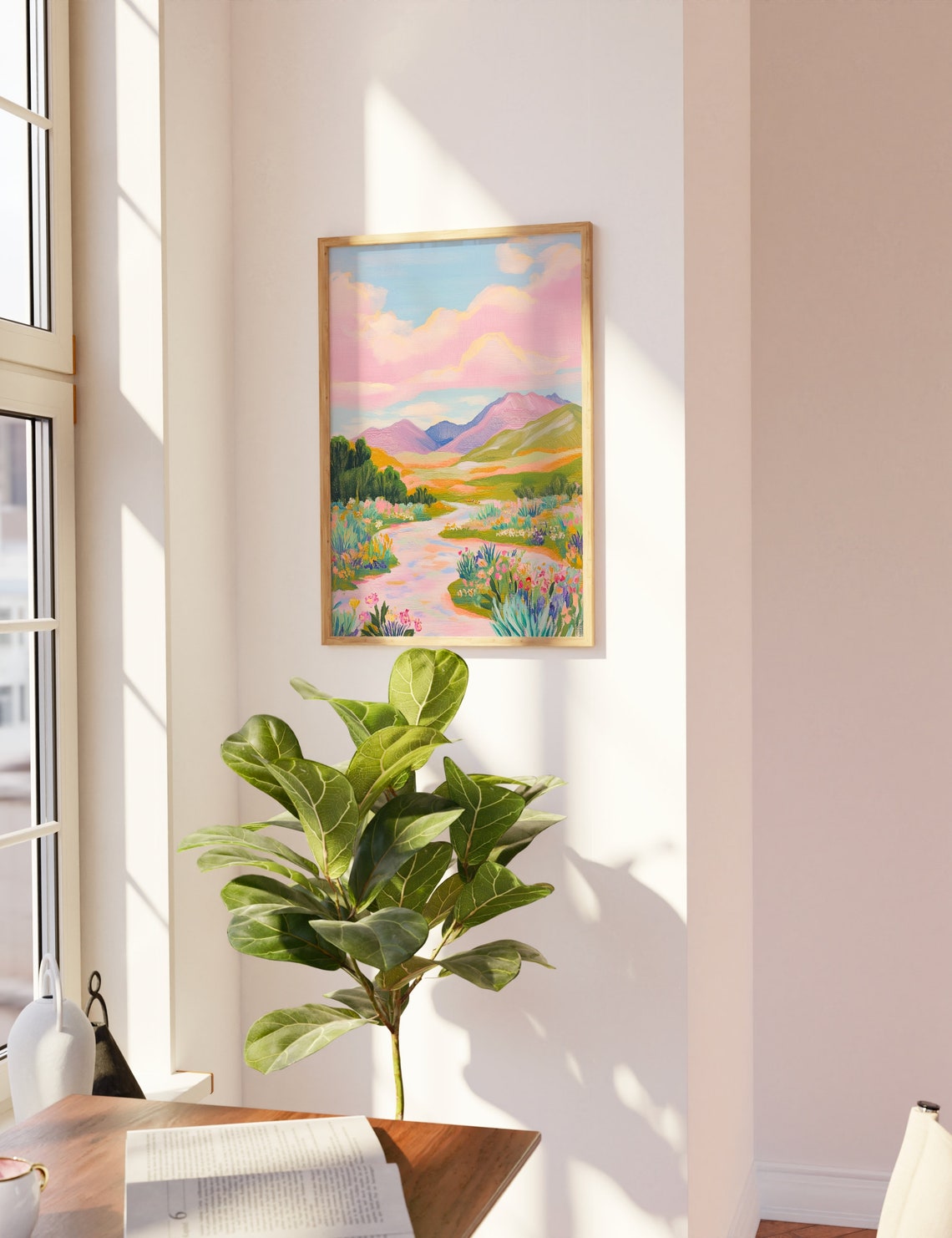 Pastel Valley Stream Wildflower Meadow Purple Mountain Art Poster - Image 3