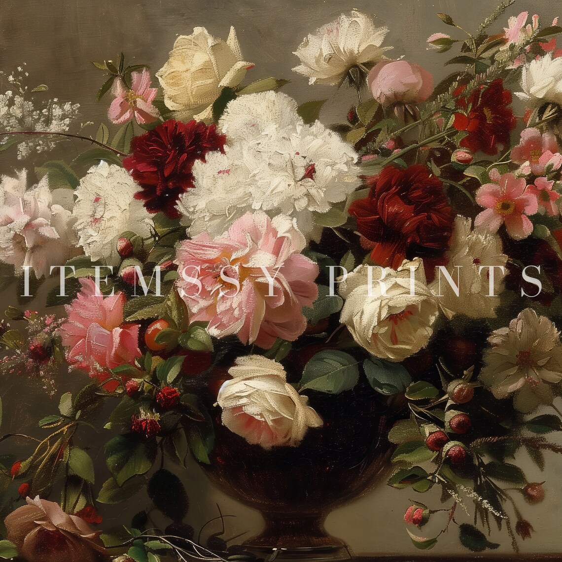 Vintage Roses Still Life Dark Vase Red White Roses Oil Art Poster - Image 2