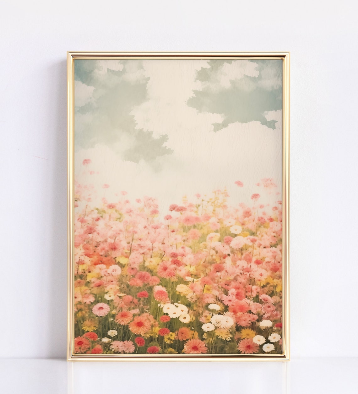 Soft Watercolor Wildflower Field Pink Blooms Cloudy Sky Poster
