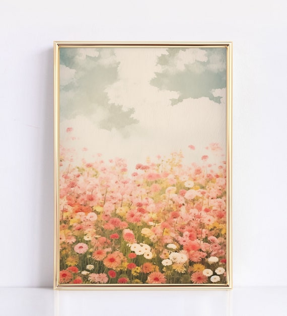 Moody Spring Wildflower Field Landscape Vintage Painting Art Neutral Farmhouse Wall Decor Rustic Spring Art Print