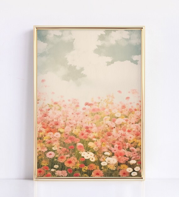 Soft Watercolor Wildflower Field Pink Blooms Cloudy Sky Poster